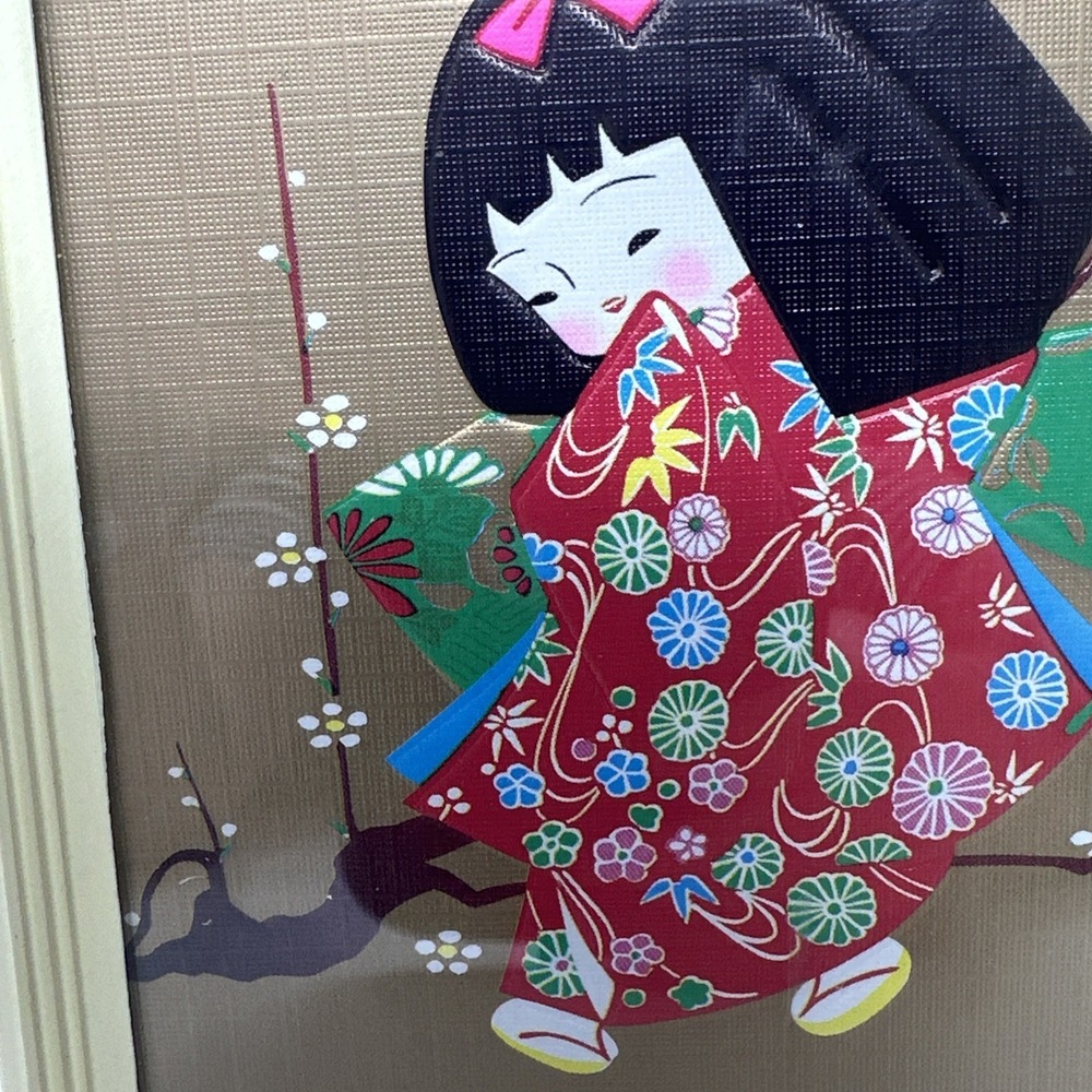 Vintage Japanese Washi-E Paper Doll 3D Art Pair Chiyogami Shadow Box 6x5 Relief - Picture 9 of 16